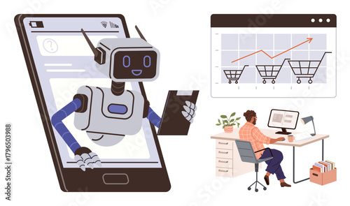 Robot offers mobile AI support for shopping while an analyst reviews e-commerce trends with rising graphs. Ideal for online shopping, AI, automation, analytics, digital marketing, innovation, simple
