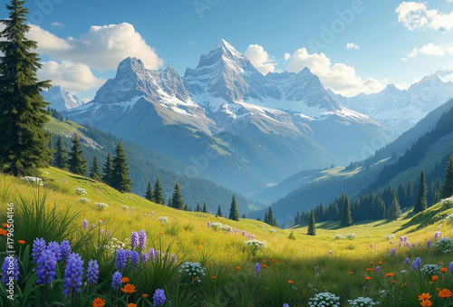 Green meadow with bright colorful flowers on the mountain slope, blooming meadow. Beautiful summer landscape with a view of snow-capped mountain peaks.