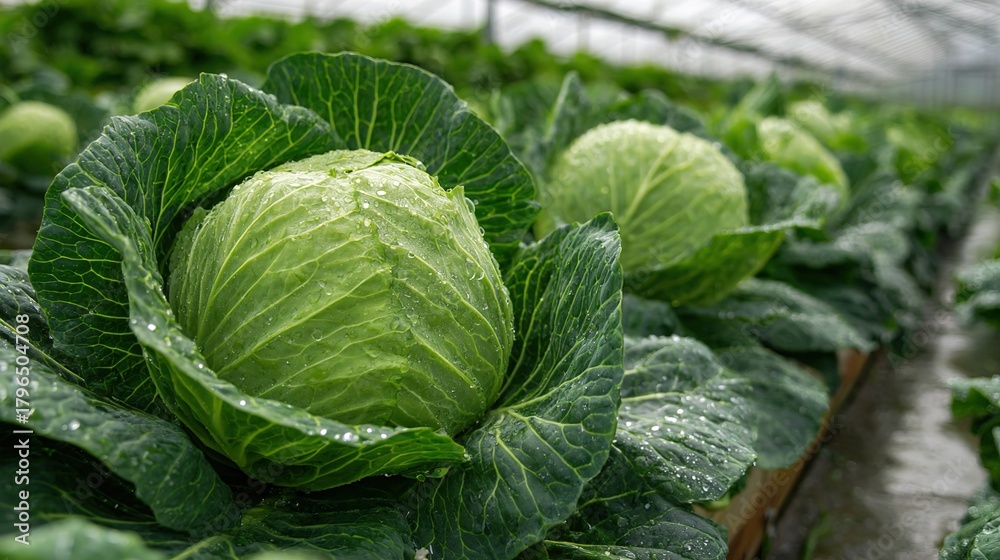 Fototapeta premium Green Cabbage Growing in Agricultural Field – Organic Vegetable Farming