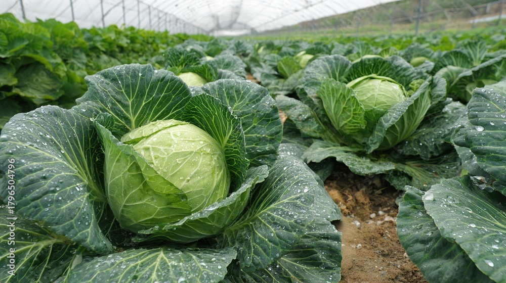 Fototapeta premium Green Cabbage Growing in Agricultural Field – Organic Vegetable Farming