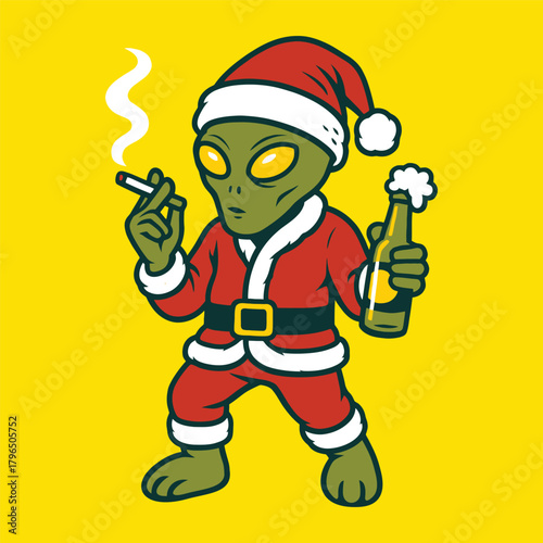 Drunk Alien Santa Smokes and Drinks
