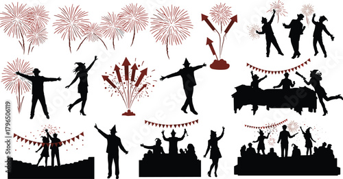 Celebration silhouette illustration set, party dance and fireworks vector, festive event design, joyful crowd graphics, holiday atmosphere collection