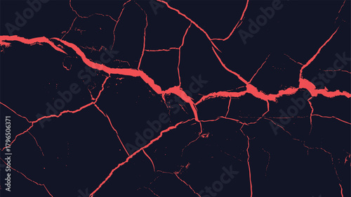 Abstract dark blue background with irregular bright coral red crack patterns and small dots texture