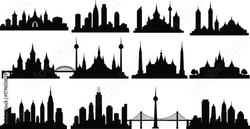City skyline silhouette set, global landmark vector, architectural design elements, urban landscape illustration, famous building collection, travel icon series