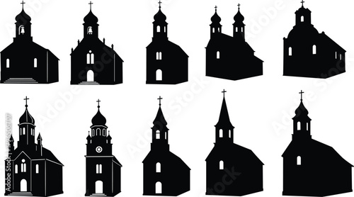 Church silhouette illustration set, religious architecture vector, dome and steeple design, Christian landmark graphics, worship building collection