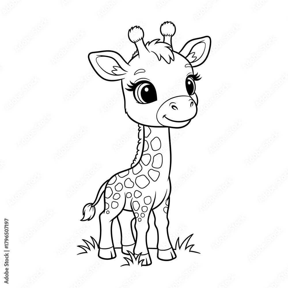 Fototapeta premium Cute baby giraffe coloring page, outline vector illustration for kids, ,coloring book