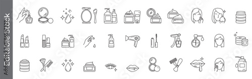 Mega collection of Skincare and beauty line icon set – editable outline symbols of cosmetics, face mask, cream, serum, makeup, and self-care