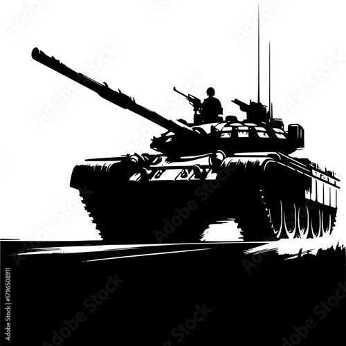 Tank on Duty: Silhouette of a powerful tank in action, emphasizing strength and military presence, traveling down a road.