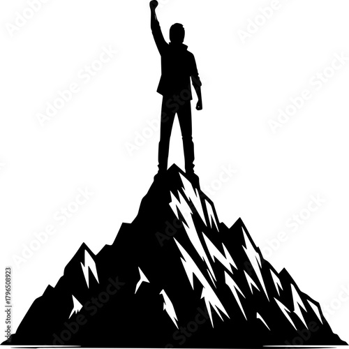 Ascendancy on the Summit: A silhouette of a person triumphant stands atop a mountain peak, raising a hand in a gesture of victory against a backdrop of boundless achievement. 