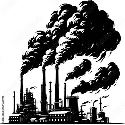 Industrial Emissions: A stark silhouette of industrial chimneys belching thick, dark plumes of smoke, symbolizing environmental pollution and the impact of industry.