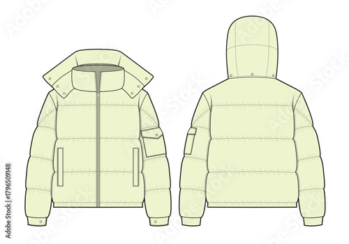 Quilted jackets front and back view design technical flat sketch vector mockup template.