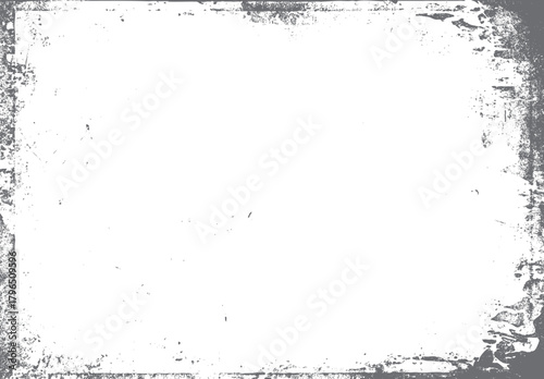Distressed grunge border frame with rough textured edges and scattered speckles on white background vector