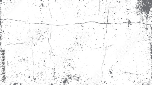 Distressed white concrete wall with dark gray cracks and speckles texture background grunge