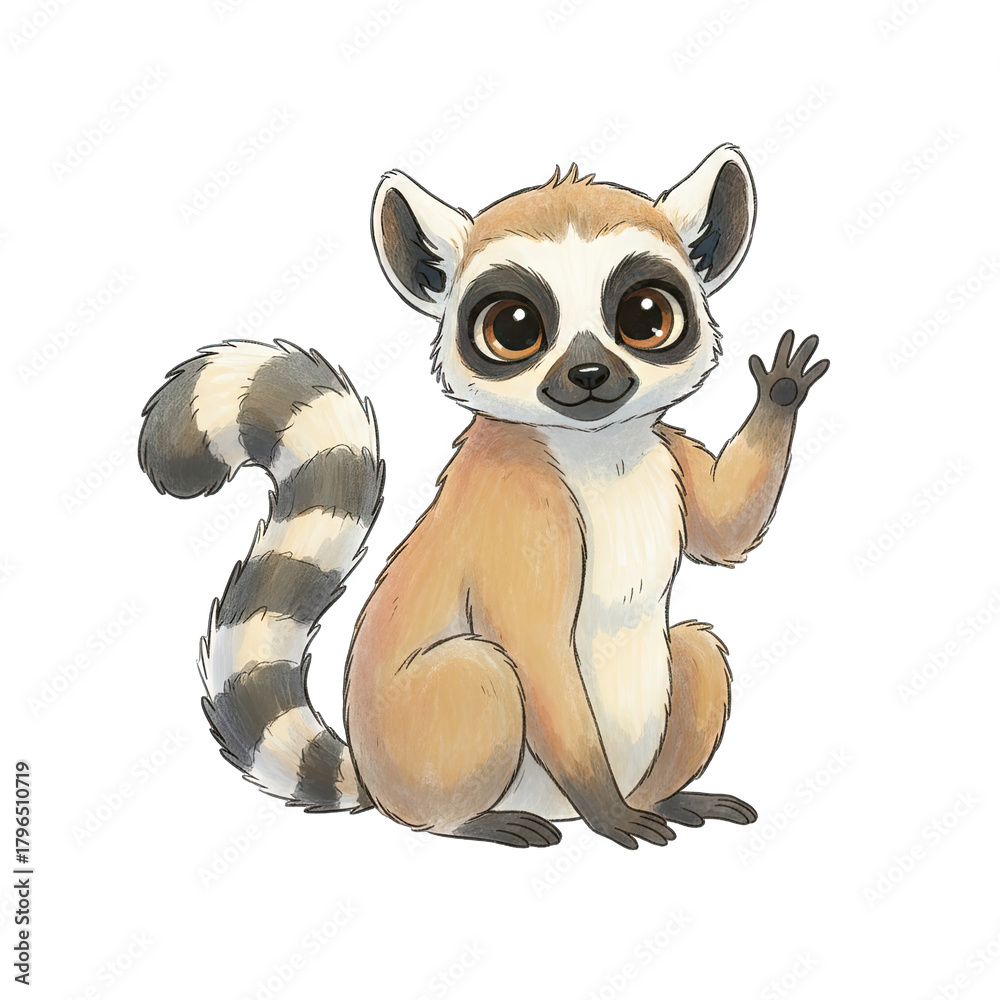 Obraz premium Cute Ring Tailed Lemur Waving Hand Sitting Isolated On Transparent Background In Studio Lighting
