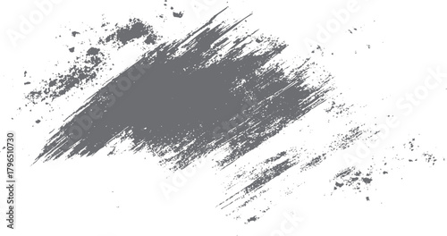 Gray distressed brush stroke texture with scattered speckles on white background abstract graphic element