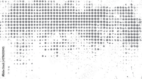Gray polka dot pattern with distressed texture and scattered small particles on white background dots