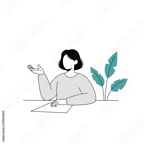 Simple vector icon illustration of a woman providing information at a service counter.