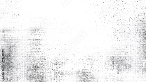 Grayscale halftone dot pattern texture with scattered irregular shapes and a distressed grunge effect