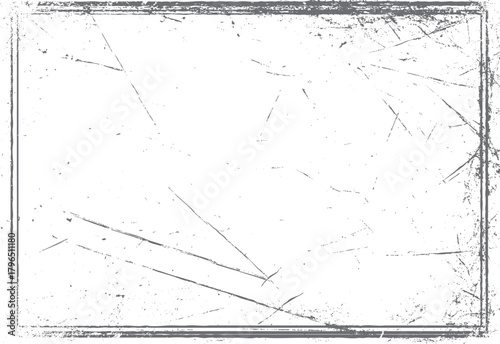 Grey distressed rectangular frame with scattered scratches and speckles on white background grunge texture