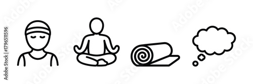 Set of simple hand drawn icons representing meditation yoga and a thought bubble isolated on white background