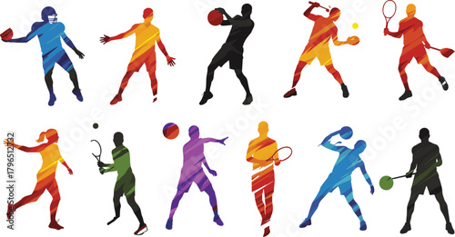 Colorful sports silhouettes, football, soccer, basketball, tennis, volleyball, athlete poses, striped vector, dynamic motion, energetic design, multicolor illustration