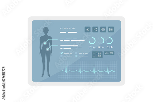 タブレットに表示された電子カルテのダッシュボードデザイン。医療DX用ベクターイラスト。EMR (Electronic Medical Record)
