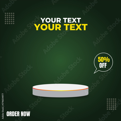 White podium with fifty percent off promotion on a dark green background scene, black Friday sale template, December sale poster template, sale banner 