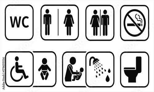 Public restroom and facility icons universal symbols for accessibility, hygiene, and amenities, EPS