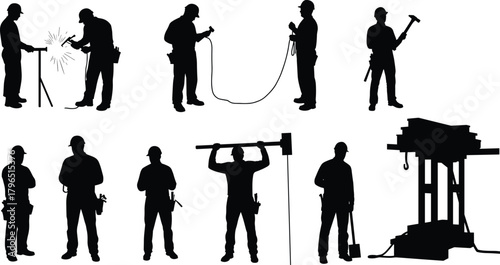 Construction worker silhouettes, welding, drilling, hammering, jackhammer, sledgehammer, cable carry, scaffold structure, black vector icons, labor poses, white background