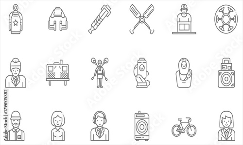 A diverse set of modern linear icons representing professions, technology, and objects, part of a vector collection 39