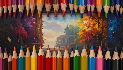 A vibrant composition featuring a painting surrounded by neatly arranged, colorful pencils. The pencils frame the artwork like a colorful border