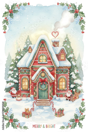 Charming winter cottage surrounded by snow, Christmas decorations, Santa Claus, a reindeer, and festive gifts.