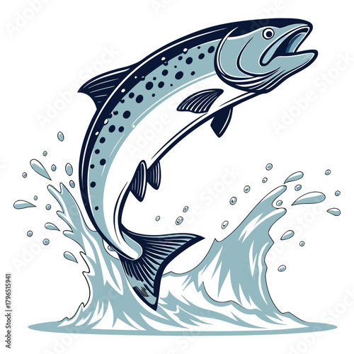 “Blue Splashing Fish Illustration Dynamic Aquatic Vector Artwork”
