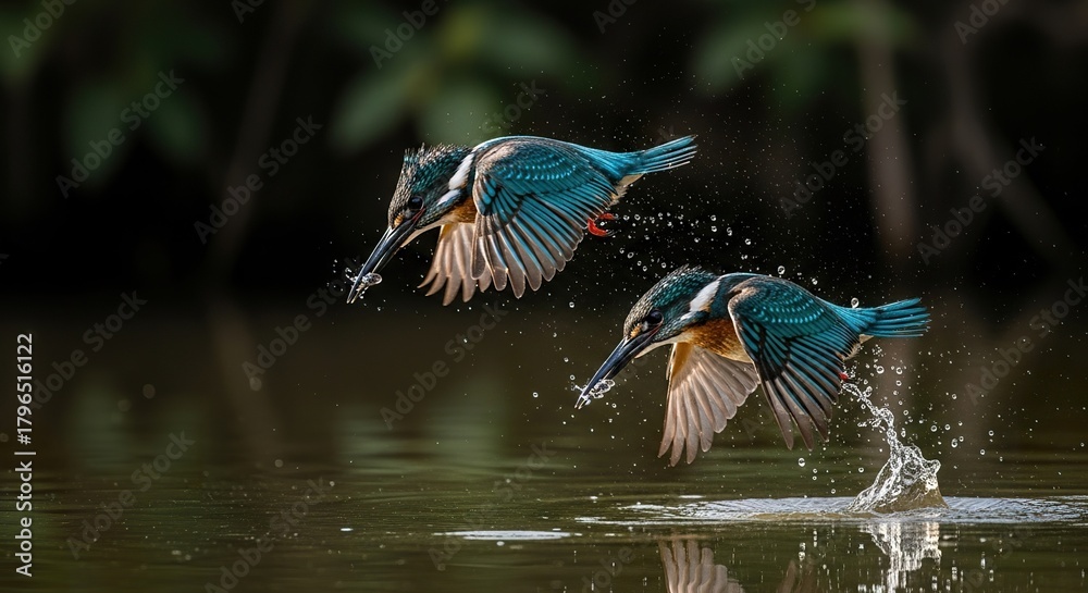 Obraz premium Two Crested Kingfishers diving toward water, dynamic energy, fine art lighting