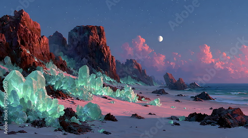 Crystal desert canyon under aurora sky, shimmering turquoise crystals replacing sand dunes, volumetric moonlight, fantasy illustration.