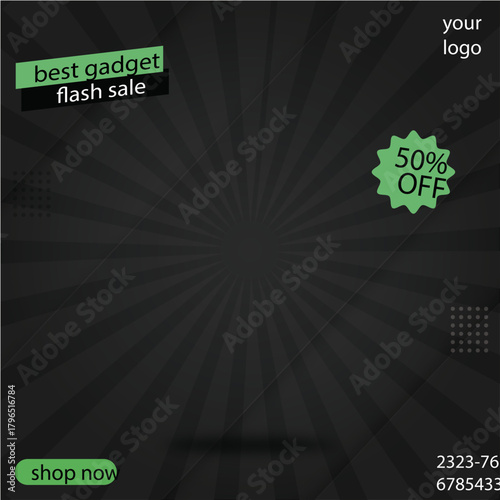 A dark themed promotional banner showcasing gadget sale with fifty percent off now, black Friday sale template, December sale poster template, sale banner 