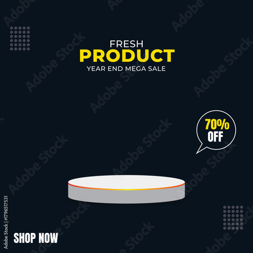 A product display podium with a year end mega sale promotion on a dark background