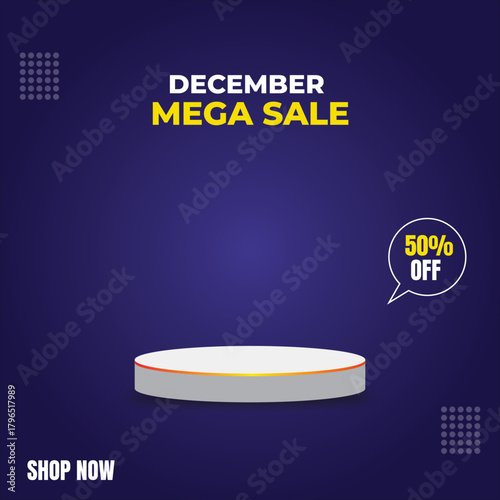 Purple december festive sale background with podium and fifty percent off tag , black Friday sale template, December sale poster template, sale banner 