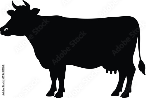 Cow silhouette vector, dairy animal icon, black livestock graphic, farm cattle shape, agricultural design element, rural nature symbol