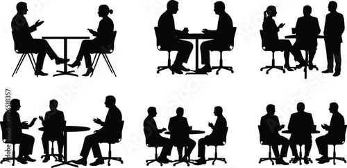 Conversation silhouettes, seated discussion, meeting poses, dialogue icons, black vector set, social interaction, white background, negotiation scene, human communication