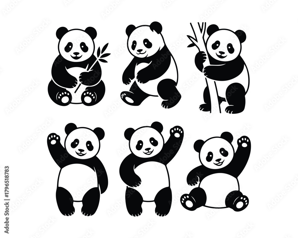 Obraz premium panda silhouette, panda climb on bamboo, panda with bamboo leaf, Sitting panda, standing panda, lying panda, panda vector design, panda illustration set, panda collection, cute panda vector, black and