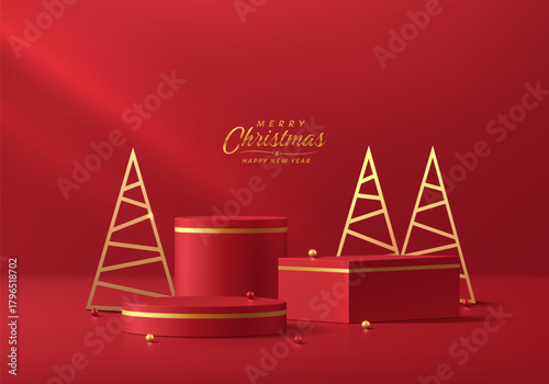 Red 3D cube, cylindrical podium merry Christmas background with golden Christmas tree scene. Minimalist Platforms mockup pedestal design. Abstract stands product display presentation. Stage showcase.