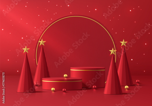 Red 3D cylindrical podium merry Christmas background with Christmas tree, Glow glitter scene. Minimalist platforms mockup pedestal design. Abstract stands product display presentation. Stage showcase.