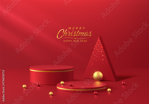 3D red cylindrical podium merry Christmas new year background with gold ball scene. Minimalist geometric platforms mockup pedestal design. Abstract stands product display presentation. Stage showcase