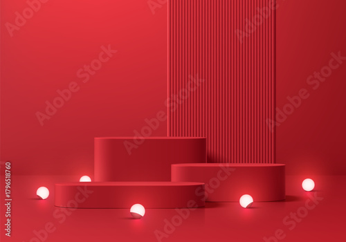 Red 3D round podium Christmas new year background with glowing neon ball scene. Minimalist geometric platforms mockup pedestal design. Abstract stands product display presentation. Stage for showcase.