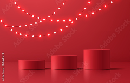 3 Red 3D cylindrical podium Christmas new year background with Hanging light bulbs scene. Minimalist platforms mockup pedestal design. Abstract stands product display presentation. Stage for showcase.