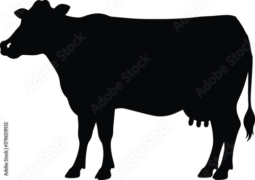 Cow silhouette vector, dairy livestock icon, black farm animal graphic, agricultural design element, rural nature symbol, cattle shape illustration