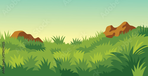 Cartoon illustration of lush green grass field with rocks and sky.