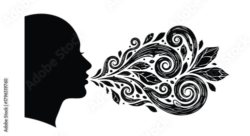 Silhouette of a person speaking creative ideas visualized as intricate floral patterns