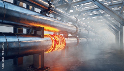 A glowing red-hot industrial pipe connection inside a factory, emitting intense heat and steam.